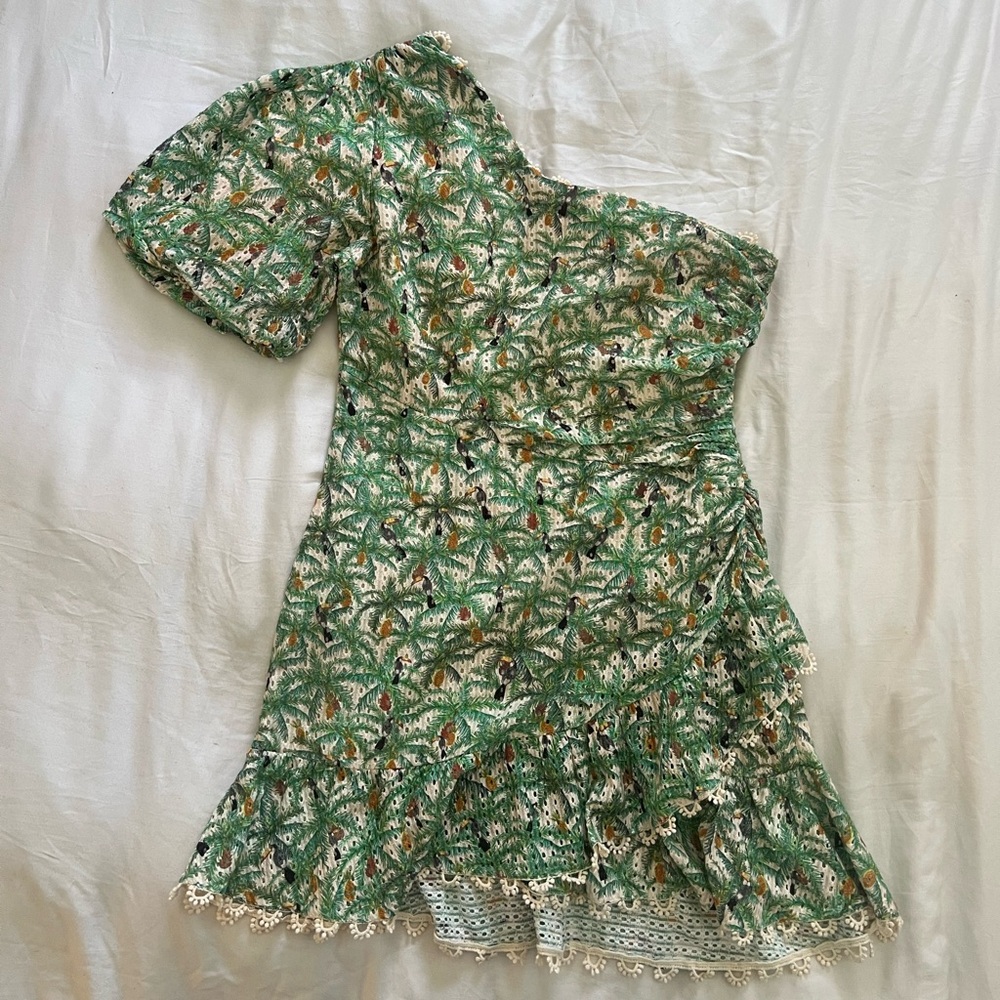 Farm Rio One-Shoulder Green Tropical Print Dress